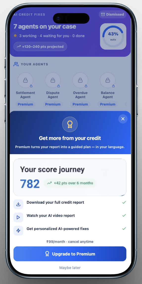 CreditSaathi AI Credit Fixes screen showing 7 agents working on a case