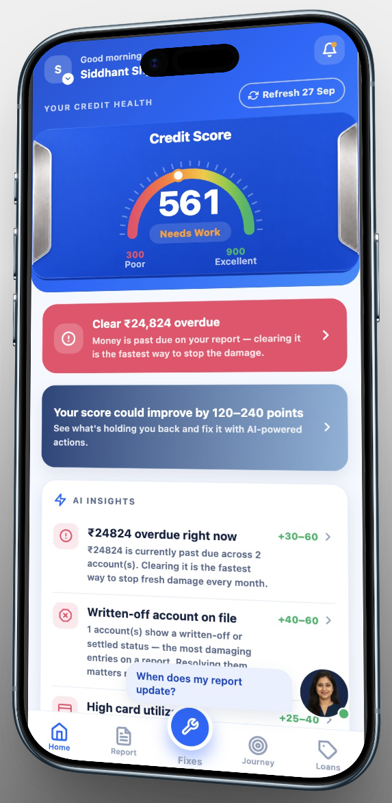 CreditSaathi home dashboard showing a credit score of 561